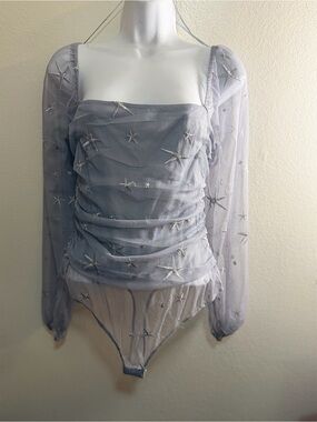 Le Lis Grey/ Silver  Star Embroidered Sheer Bodysuit